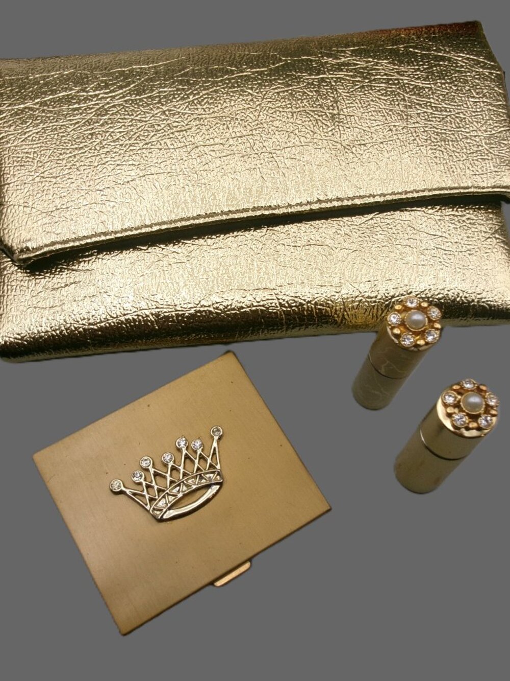 Majestic Gold Compact Set, Perfume Holder & Lighter with Gold Clutch, Vtg Vanity